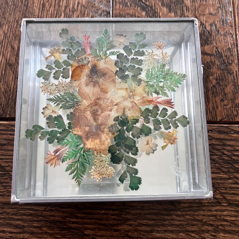 Vintage Pressed Flower Glass Trinket Box Mirrored Bottom Silver Frame Hinged